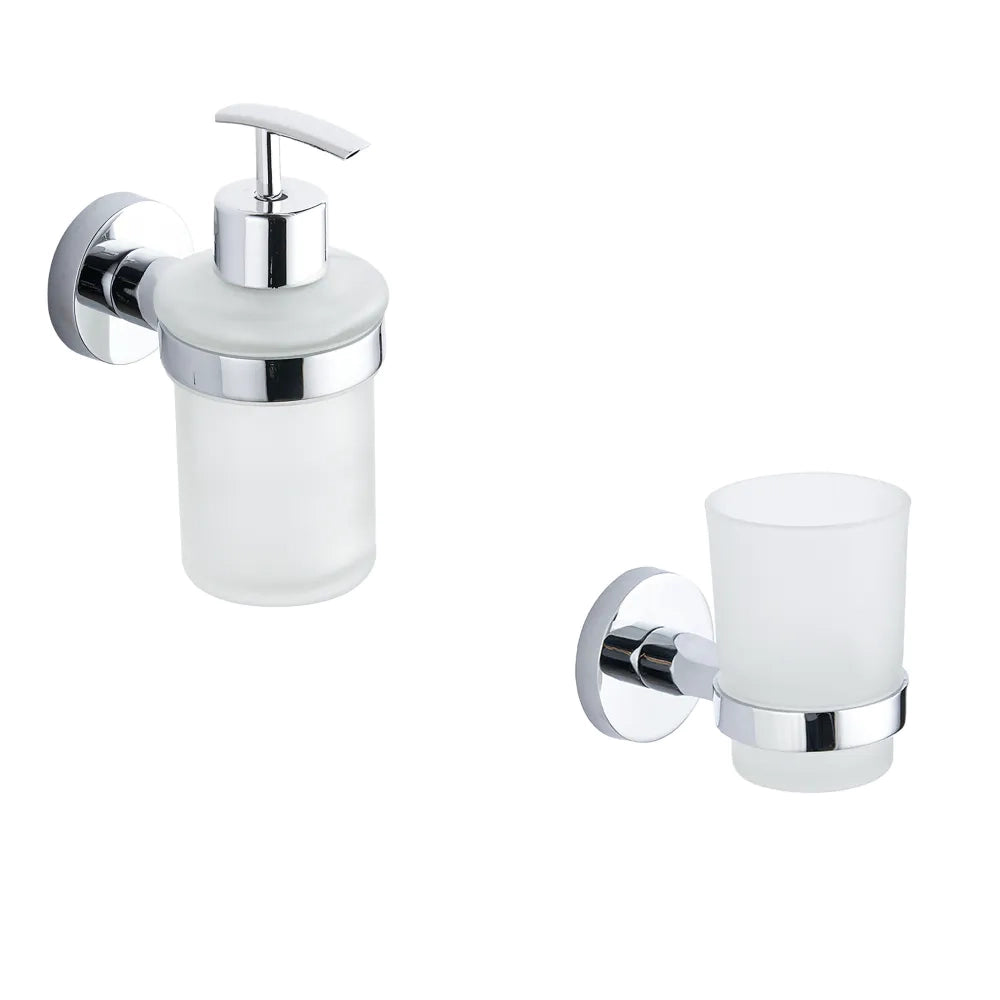 Set da bagno cromato 2 accessori: dispenser sapone e porta spazzolino | Hook