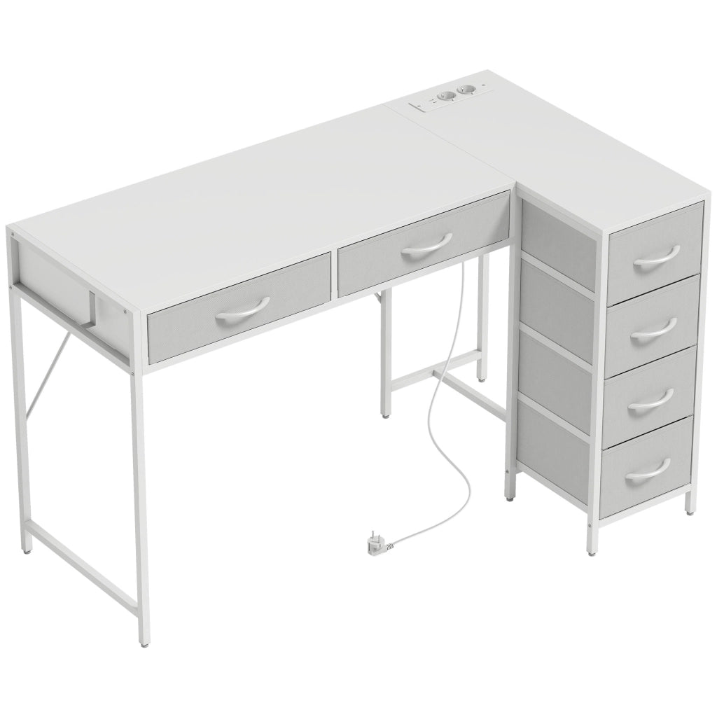 Scrivania Angolare 126x48x80 cm a 6 Cassetti con Gancio Laterale e Prese Integrate in Legno e Acciaio Bianco