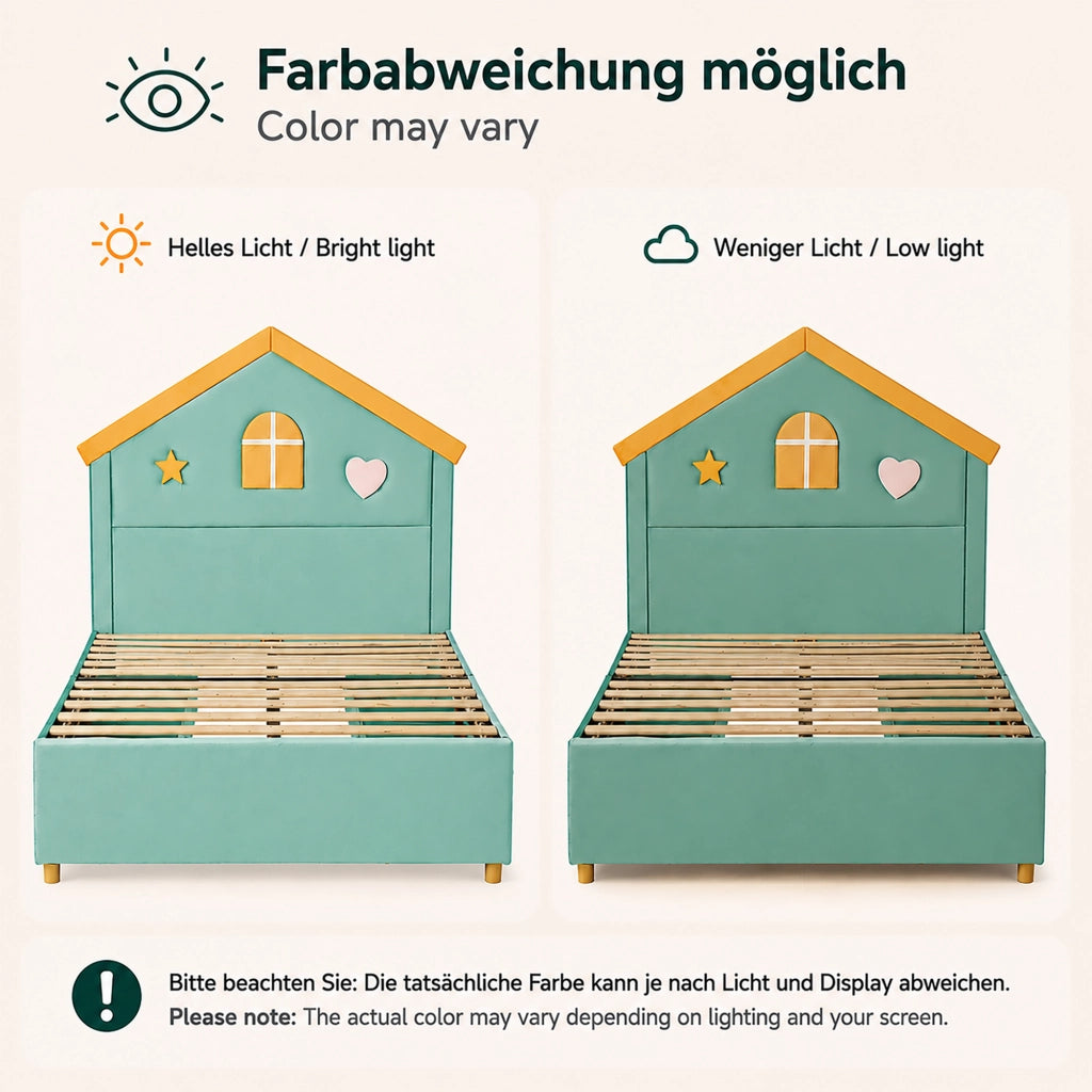 Letto per bambini a casetta 140 × 200 cm con 4 cassetti, senza materasso, in velluto, bluverde