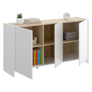 Credenza America, Buffet da soggiorno, Madia moderna da salotto a 3 ante, 138x42h76 cm, Bianco e Rovere