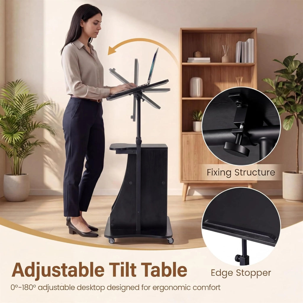 KOMFOTTEU Tavolino da Laptop Regolabile in Altezza 72-112cm con Ruote Universali, Piano Reclinabile, Ripiano Aperto e 2 Vani Portaoggetti, Scrivania per Computer Porta PC per Aula, Ufficio