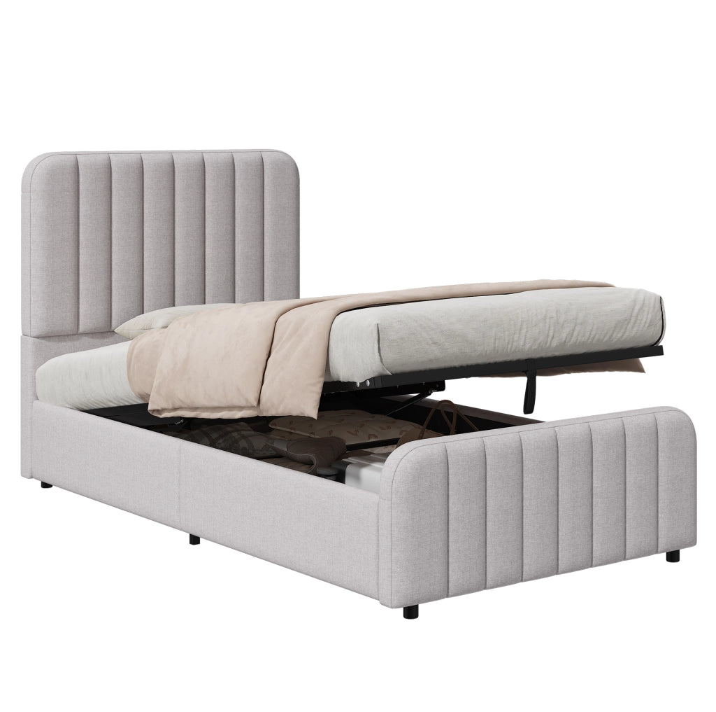Letto imbottito 90x200 cm con contenitore idraulico in lino grigio