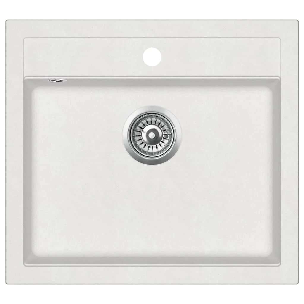Lavello da cucina con scolapiatti vasca da incasso reversibile con foro di montaggio per rubinetto e dispenser di sapone 56,5 x 51 cm granito bianco 02_0002348