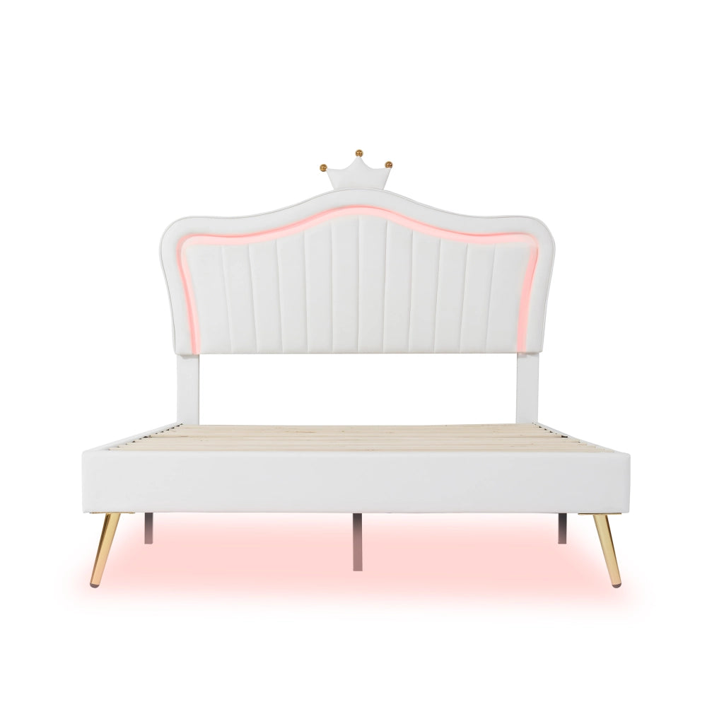 Letto imbottito per bambini 140x200 cm bianco con corona e luci LED