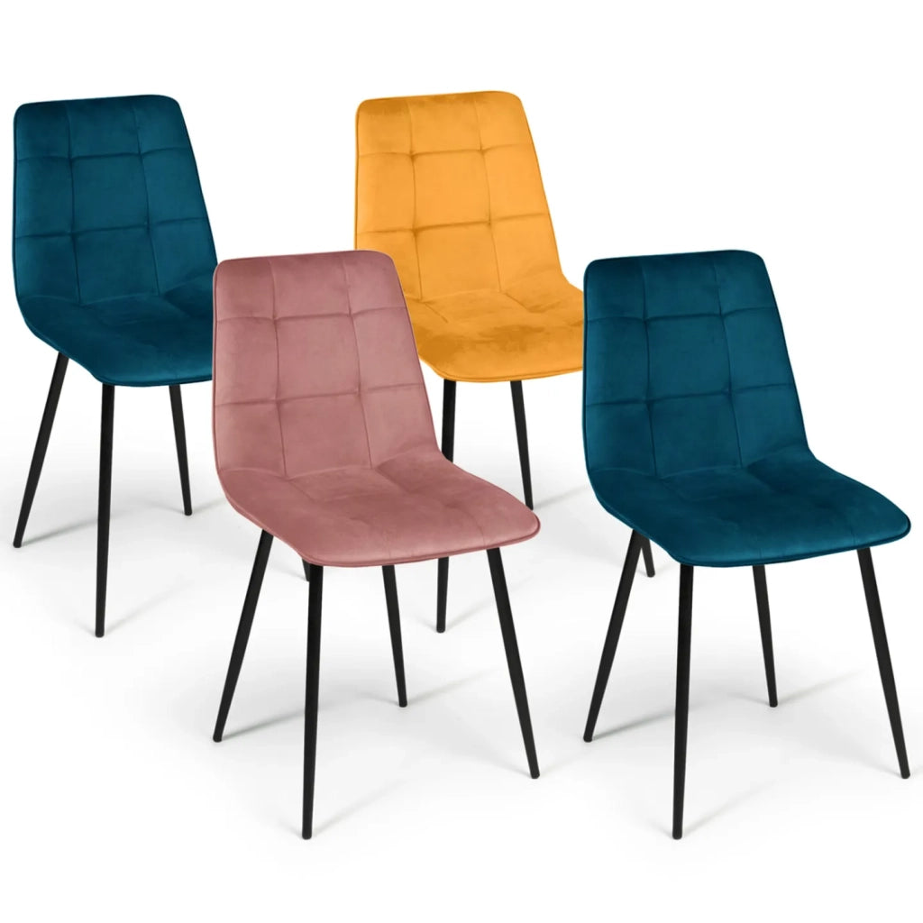 IDMarket - Lote de 4 sillas MILA en mezcla de terciopelo color azul x2, amarillo ocre, rosa