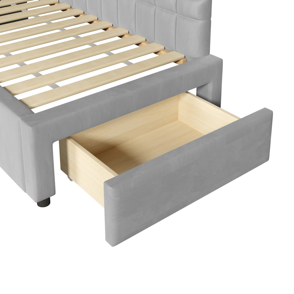 Letto combinato a L 90 × 200 cm con letto estraibile, 2 cassetti, senza materasso, in flanella grigio
