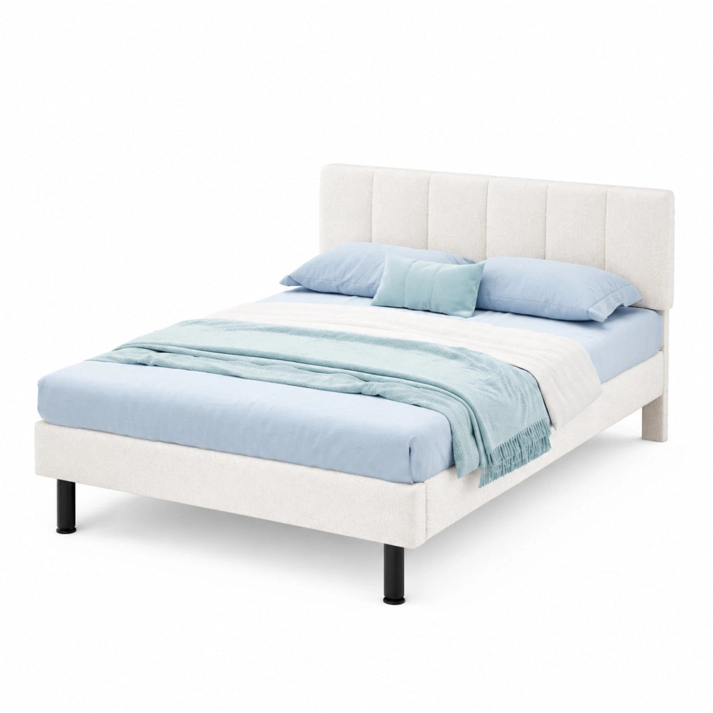 Letto imbottito 140x190 cm in tessuto Sherpa beige con rete a doghe e piedi in ferro