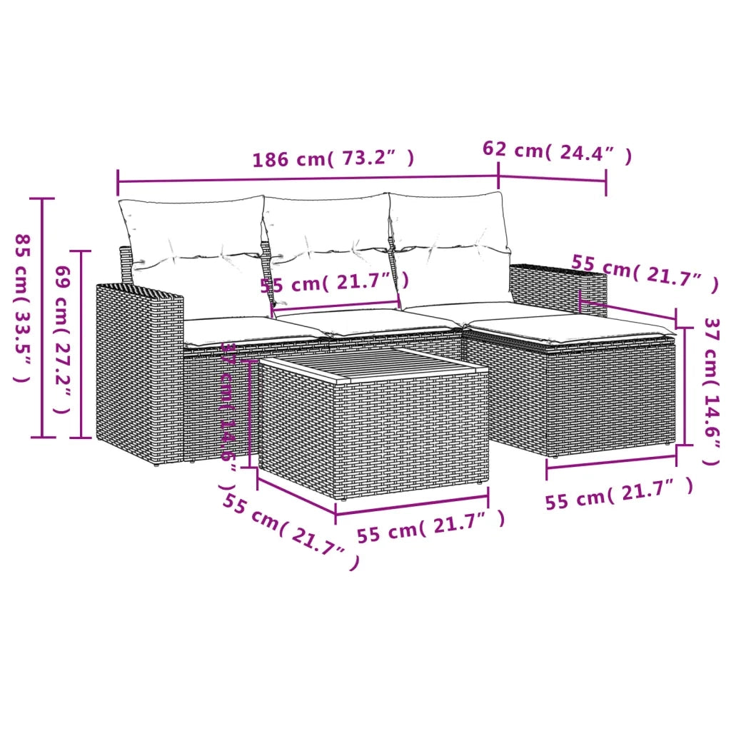 Set Divano da Giardino 5 pz con Cuscini Grigio in Polyrattan