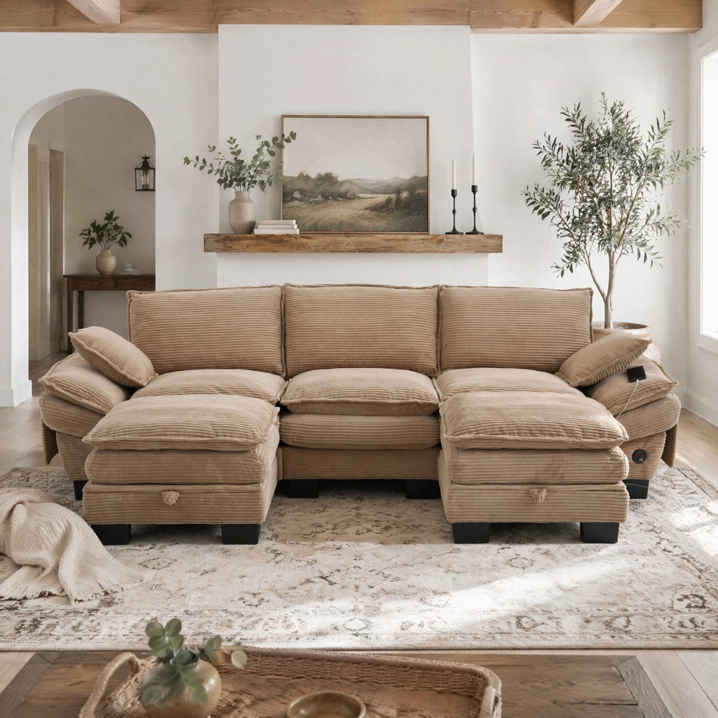 DIVANO 3 posti modulare 260x132x84 cm in corduroy khaki con 2 pouf