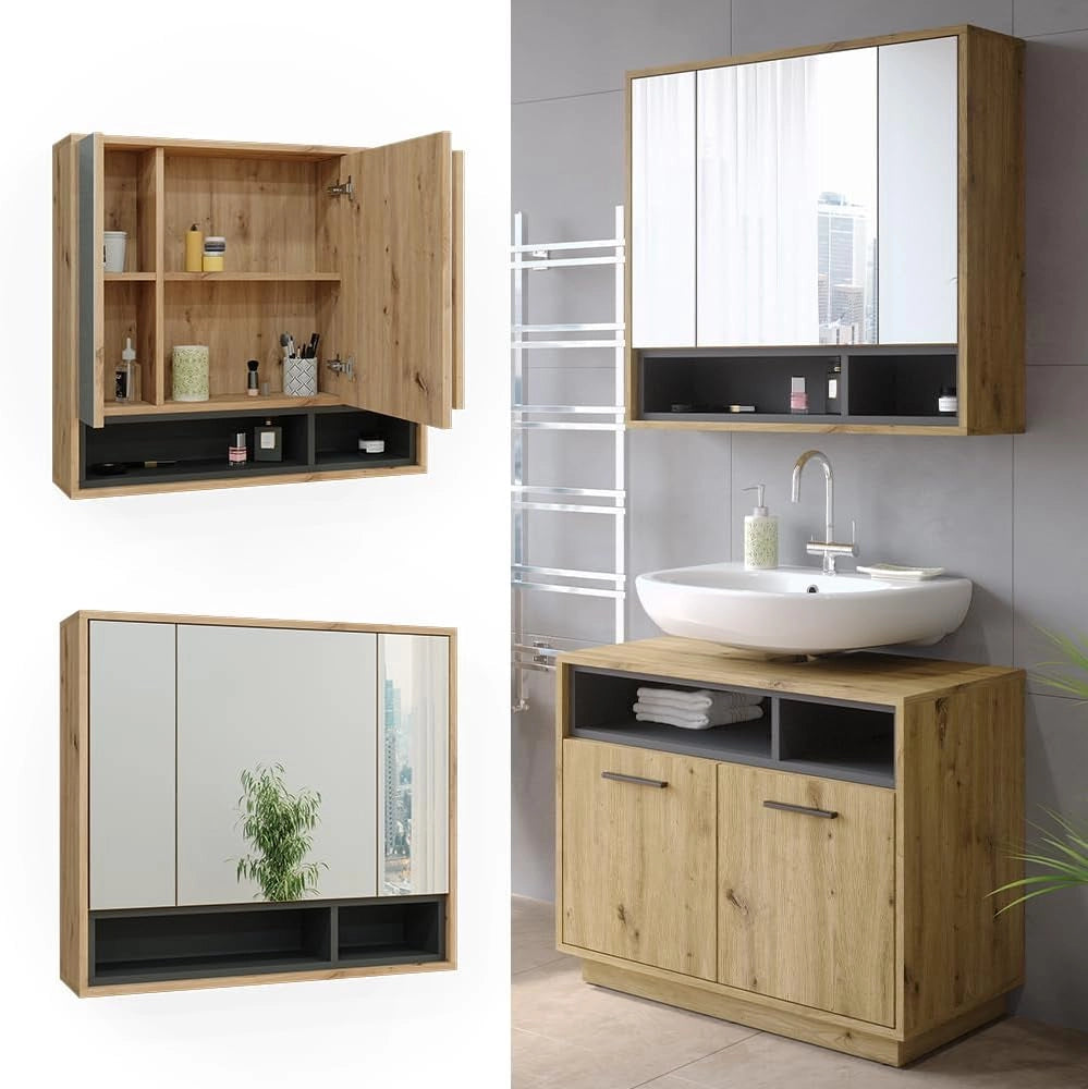 Specchio contenitore bagno Beatrice, Rovere artigianale/antracite, 80 x 72 cm, per montaggio a parete con ripiani aperti