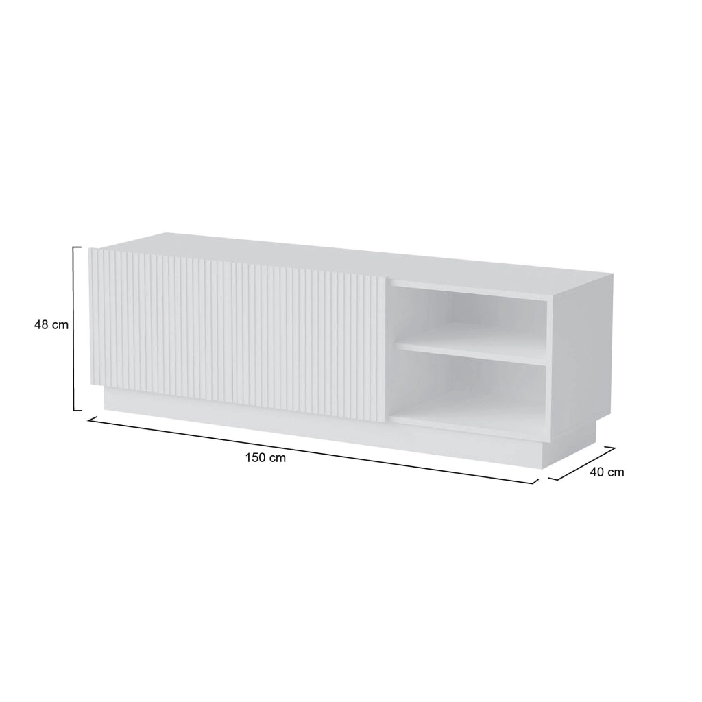 Mobile porta TV Finita, Madia da salotto con due ante battenti, Design minimal e moderno, 150x40 h48 cm, Bianco