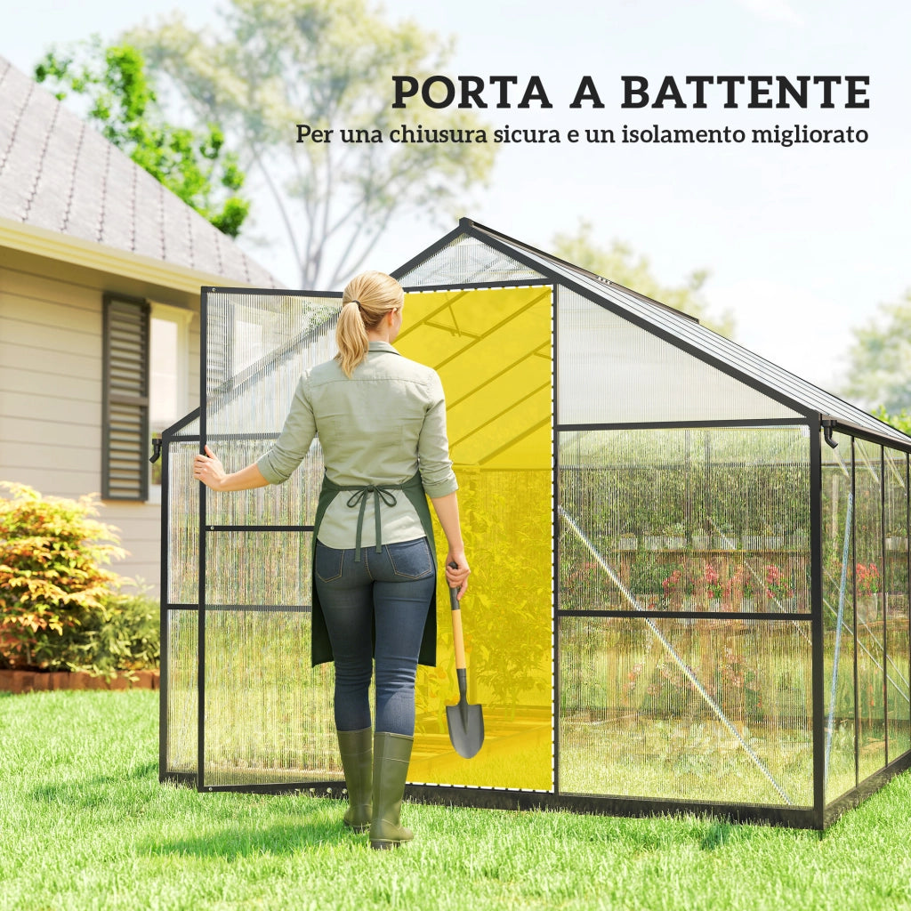 Serra per Orto 304x247x205 cm con Porta a Battente e 2 Finestre Regolabili in PC e Alluminio Nero