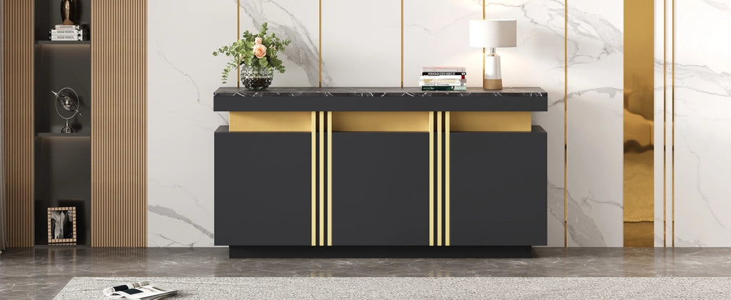 Credenza nera e oro 3 ante mobile buffet 140 cm con piano effetto marmo
