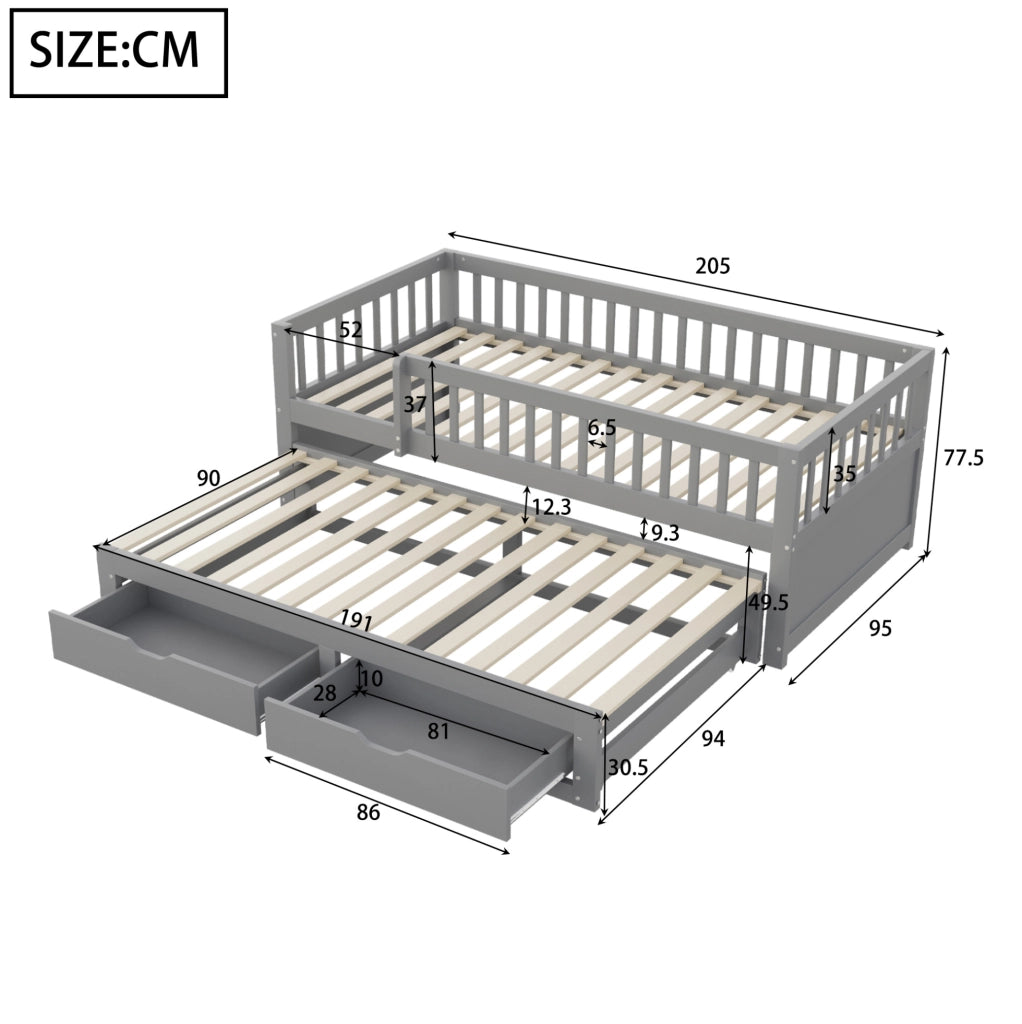Divano letto 90x200 cm con letto estraibile e 2 cassetti in legno grigio