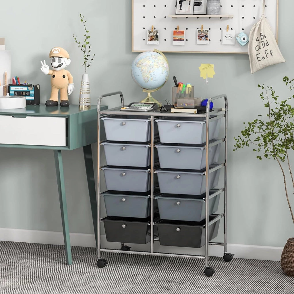 Carrello con 10 cassetti, impilabile, carrello per cassetti, carrello da cucina con ruote bloccabili, carrello per cucina, bagno, ufficio, 65,5 x 37 x 87 cm, grigio chiaro e nero