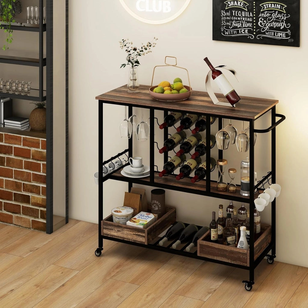 Carrello da Cucina con Ruote, Carrello di Servizio con Portabottiglie, Portabicchieri Ganci, Carrello Portaoggetti a 3 Ripiani per Bar, Casa, Cucina, 108 x 40 x 91 cm (Grigio)