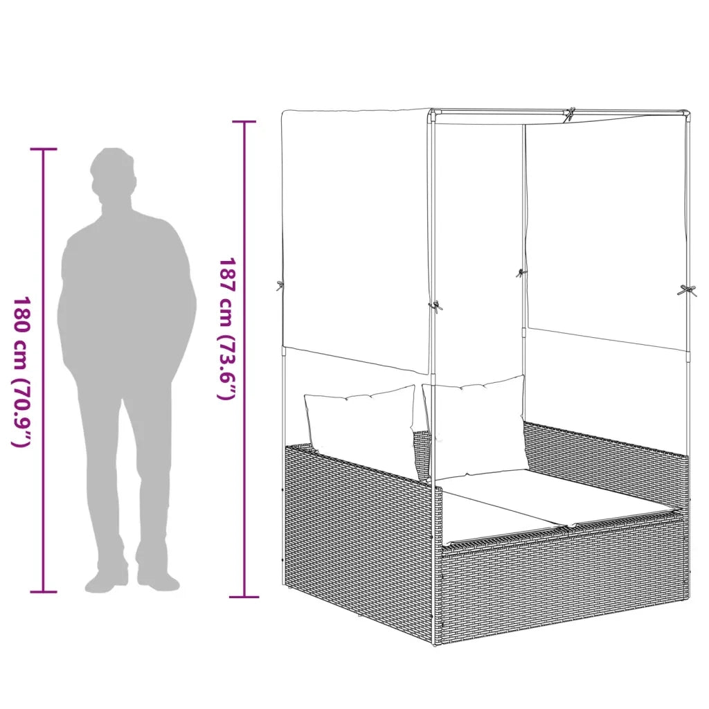 Lettino Prendisole con Tetto e Tende Nero in Polyrattan 4002755