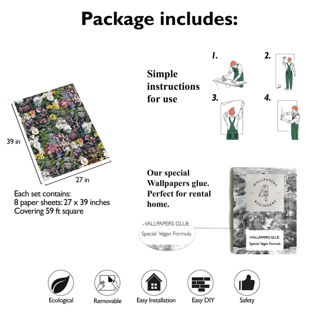 Carta da Parati Fiori Botanici Carta Vegana 250x200cm 5,5mq 
