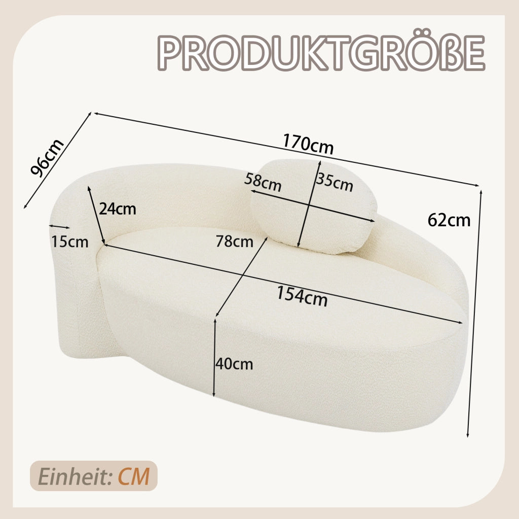 Sofa minimalista in tessuto Teddy beige con cuscino; design arrotondato