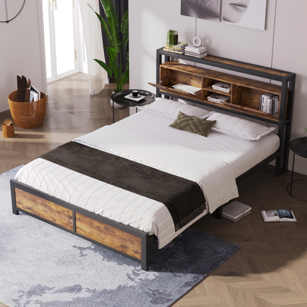 LETTO Matrimoniale 140x200 cm in Metallo e Legno Naturale con testiera portaoggetti