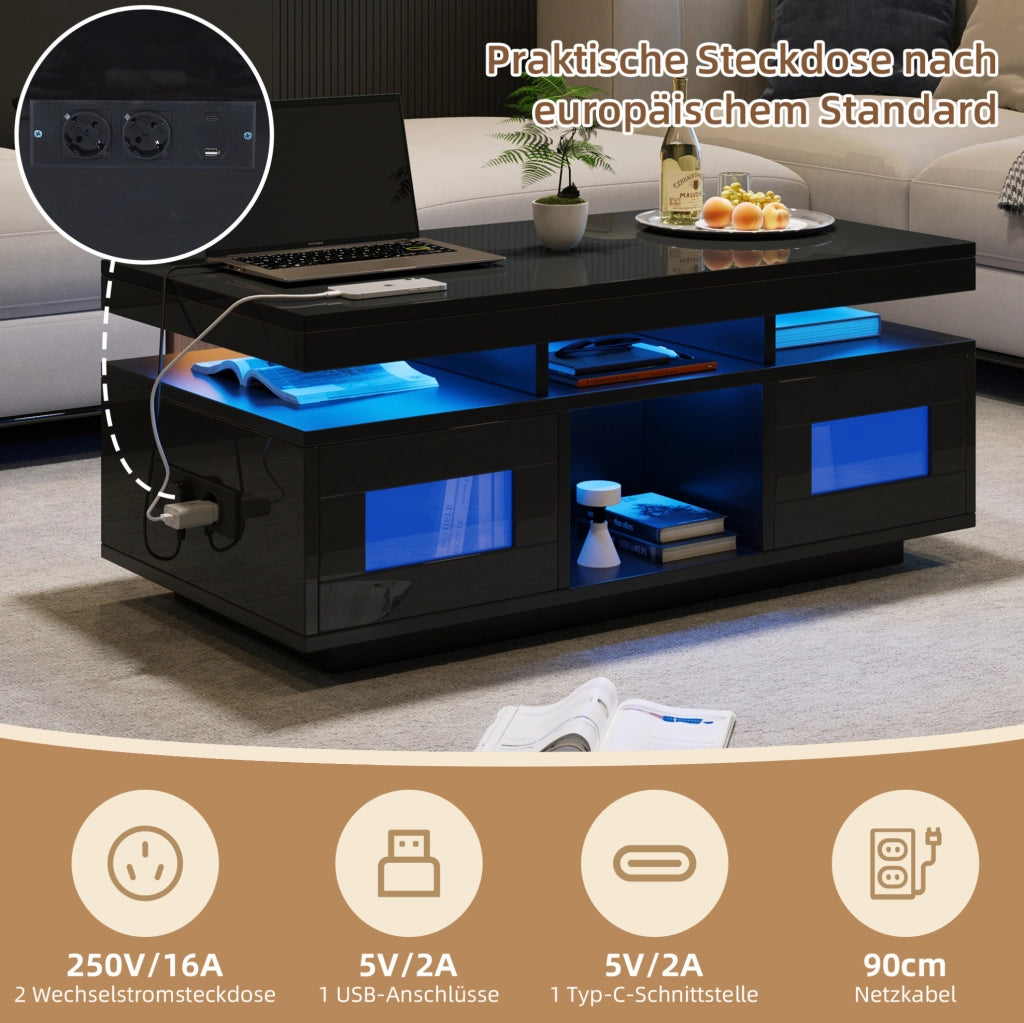 Tavolino da caffè 100x50x43 cm nero lucido con LED controllabili da app; presa e USB