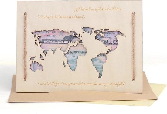 Carta del mondo regalo di nozze personalizzata in legno - porta denaro per il matrimonio - cartolina di nozze - regalo per la luna di miele - confezione per il regalo di denaro per la sposa e lo sposo