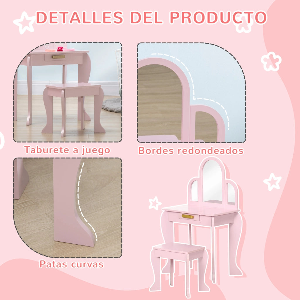 Tocador per Bambini con Specchio e Cassetto ¨C zephmum ¨C Rosa 60x40x90 cm