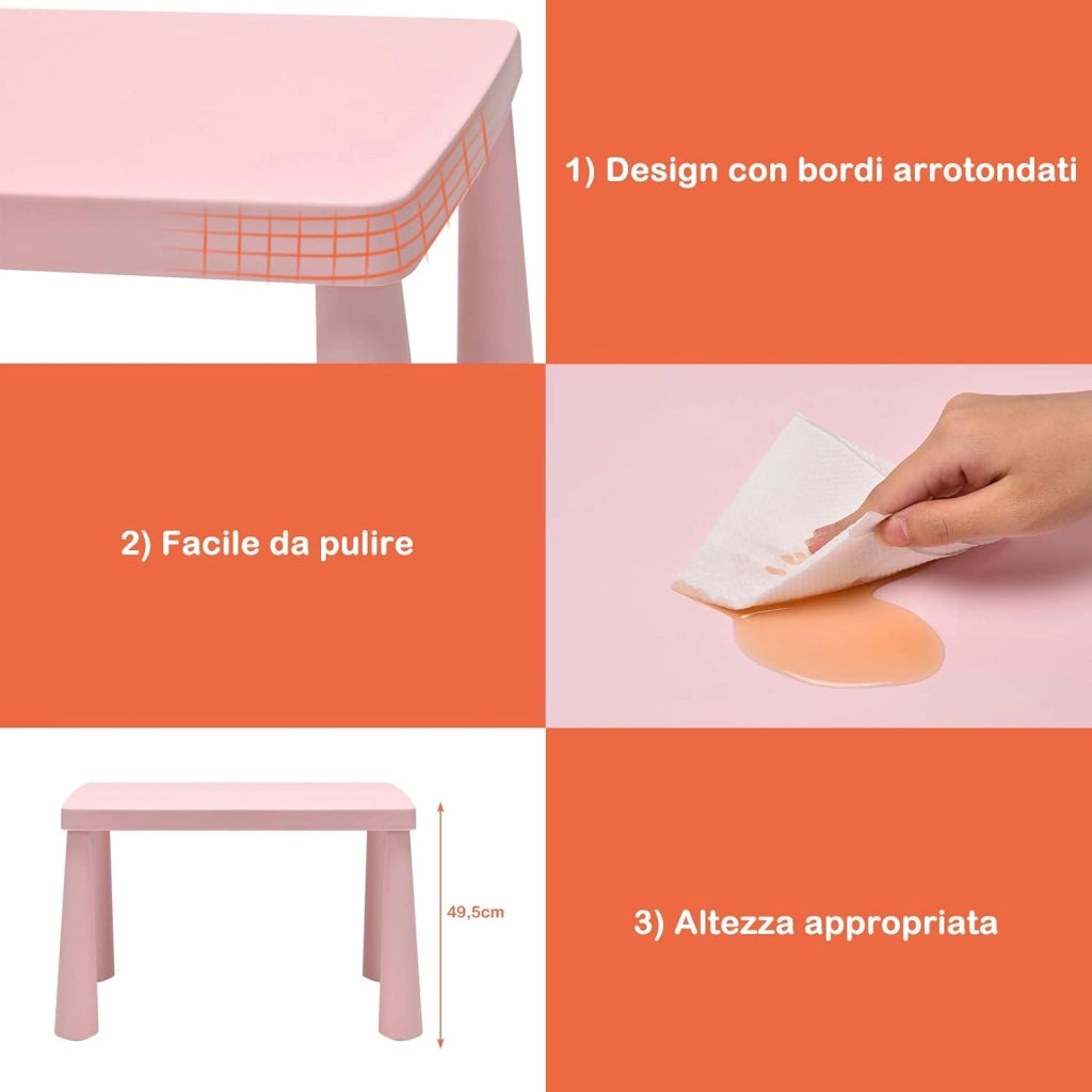 Set di Tavolo e Sedie per Bambini, Multifunzione, Tavolo e 2 Sedie da Gioco, Facile da Montare, capacità di Carico 50 kg, 76,5 x 54,5 x 49,5 cm, Rosa