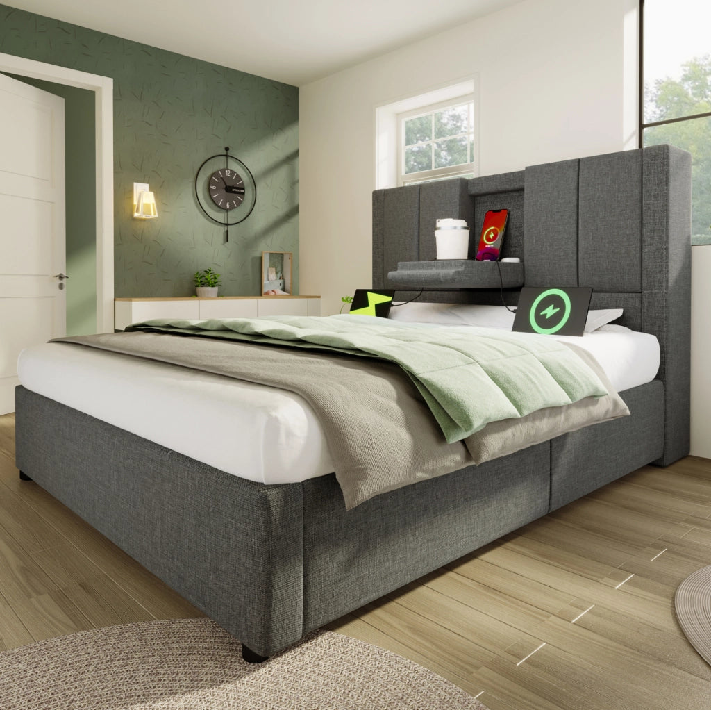 Letto imbottito grigio 90x200 cm con materasso, ricarica USB-C e vano contenitore