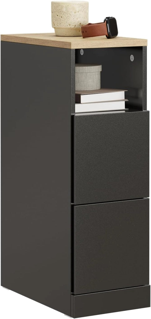 Comodino camera da letto 20 cm larghezza, Tavolino salotto con 2 cassetti & scomparto aperto per piccoli spazi, Comodino stretto per camera da letto soggiorno, 20x35x60 cm Nero, FBT149-SCH