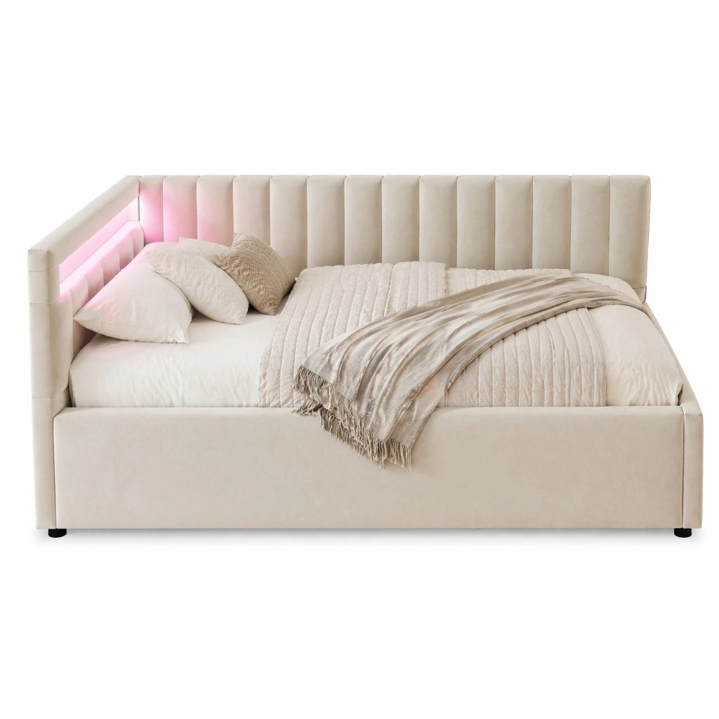 Letto imbottito 90x200 cm con LED e vano idraulico in velluto beige