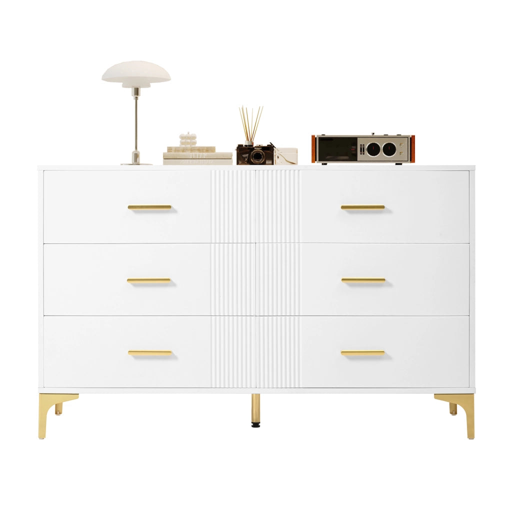 Com¨° moderno bianco con 6 cassetti, struttura in MDF, design rigato, 120 x 40 x 76 cm