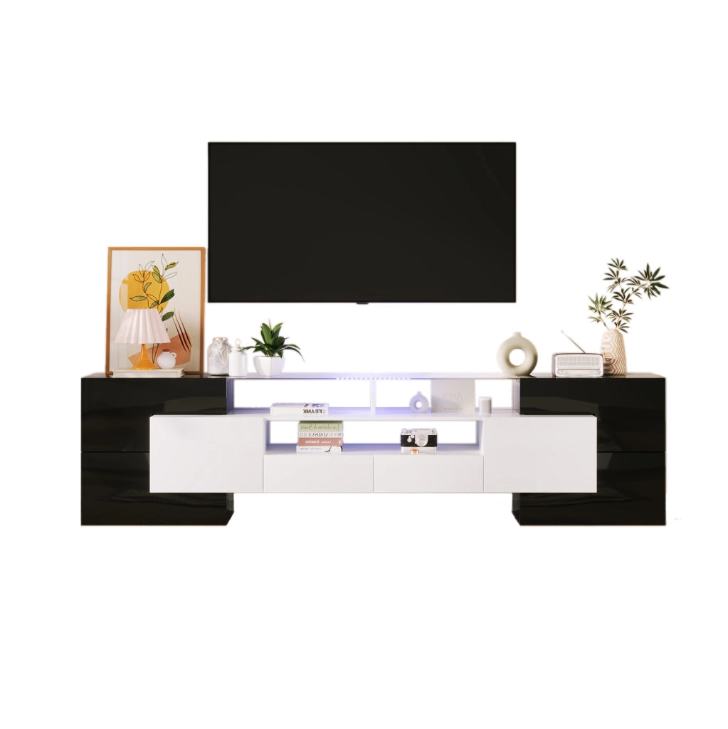 Mobile TV con LED multicolore, 4 ante e 2 cassetti, nero e bianco, 200 cm