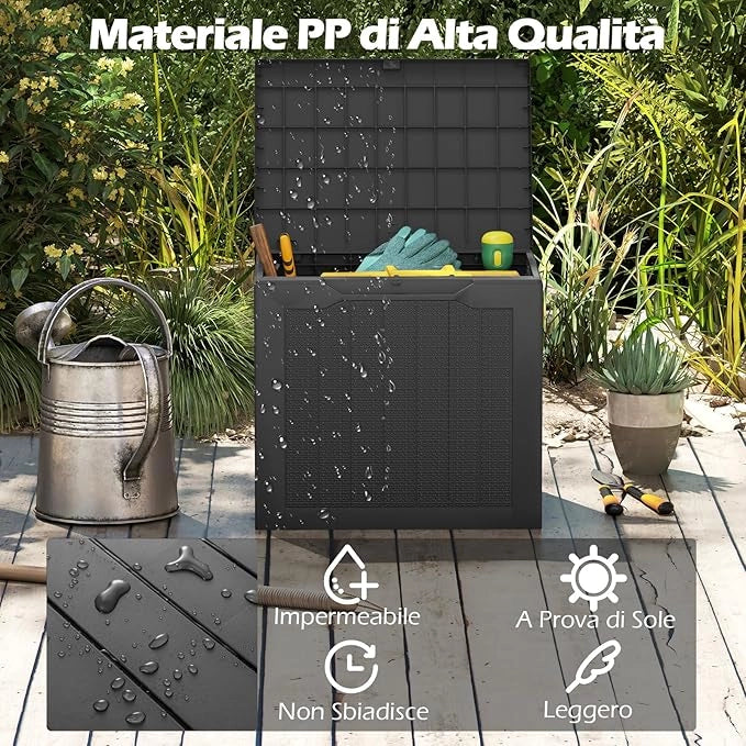 Baule da Esterno 96 L, Cassapanca Contenitore con Coperchio Bloccabile e Tessitura in Vimini, per Giardino e Cortile, 56 x 41 x 50,5 cm (Nero)