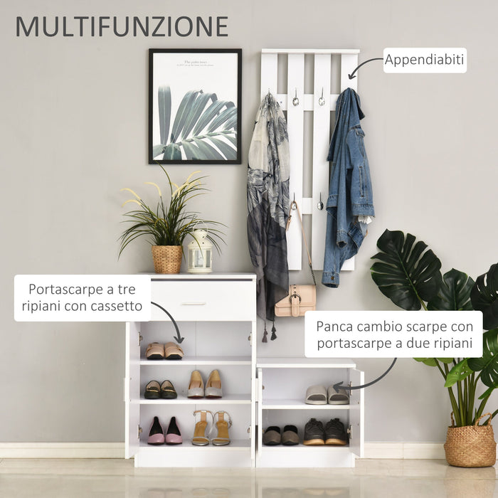 Mobile Ingresso con Scarpiera e Appendiabiti in Legno Bianco Opaco 100x32x187 cm