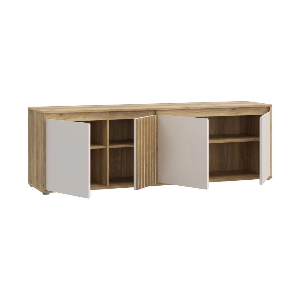 Porta TV Neutra Rovere e Cashmere con 4 Ante con dettagli Cannettati