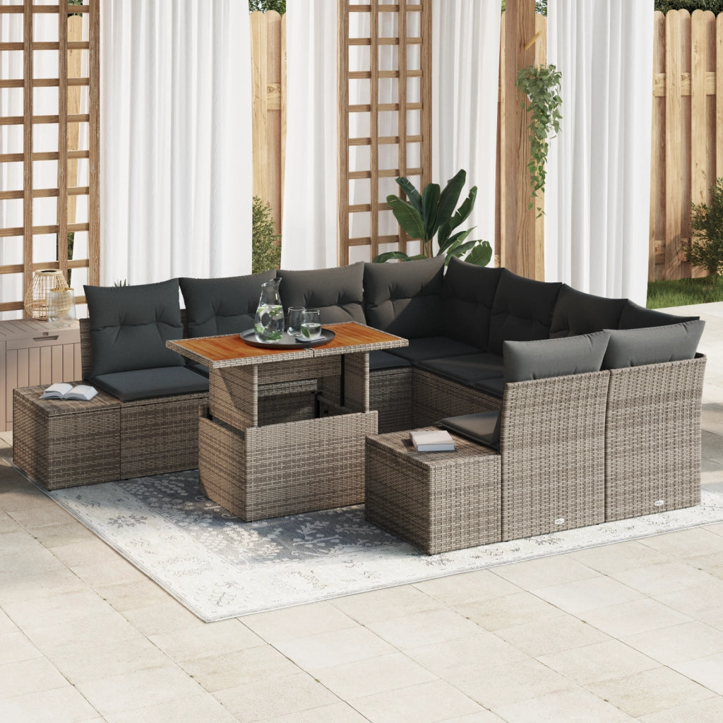Set da pranzo da giardino 9 pezzi con cuscini grigi in polirattan e acacia