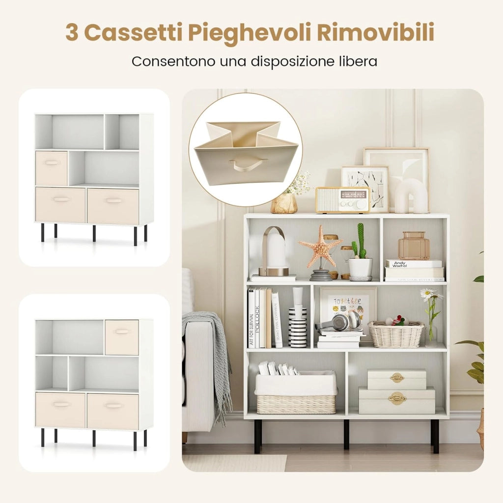 Libreria a 6 Cubi, Scaffale a 3 Livelli con 3 Cassetti in Tessuto Pieghevoli, Organizzatore Autoportante con Gambe in Metallo per Soggiorno, Ufficio, 90 x 40 x 105 cm (Bianco)
