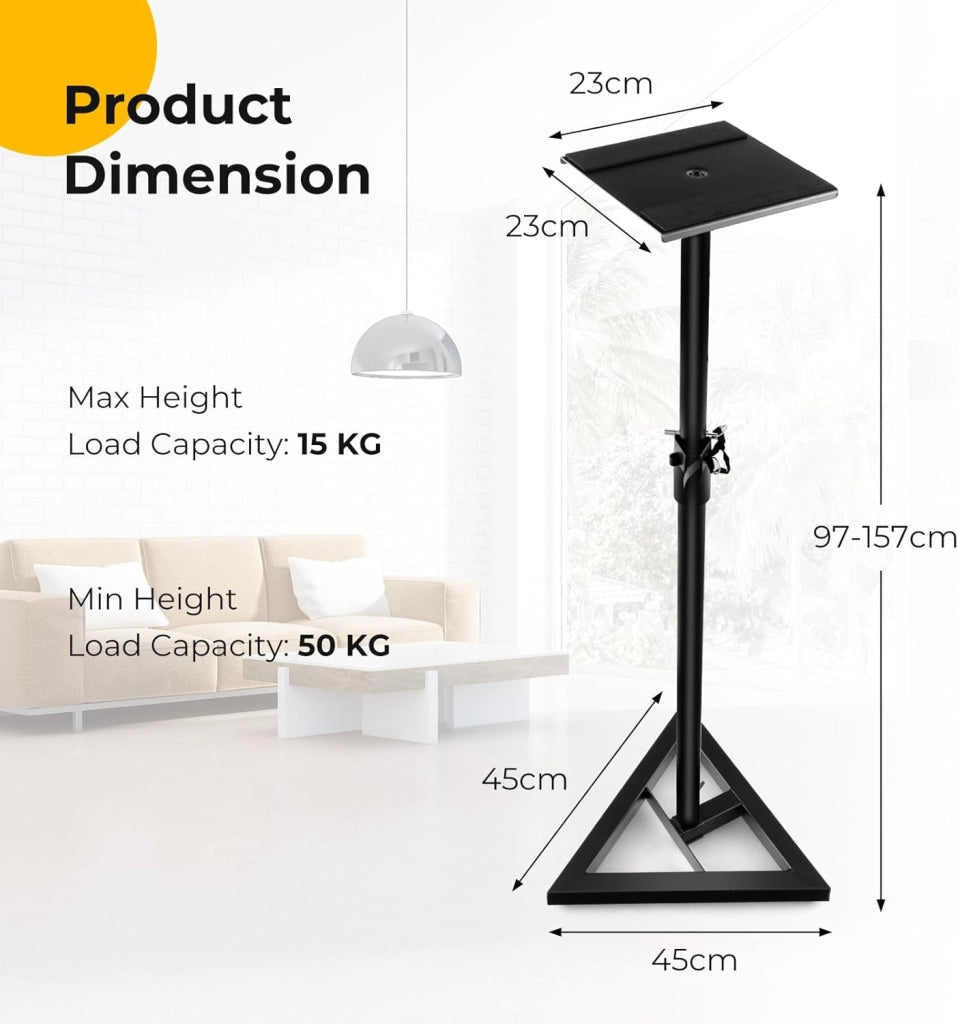Set di 2 Supporti per Altoparlanti da Pavimento, Regolabile in Altezza da 97 a 157 cm, Stabile con Struttura a 3 Zampe, Vassoio in Metallo fino a 50 kg, Stativi per Casse Audio, Nero