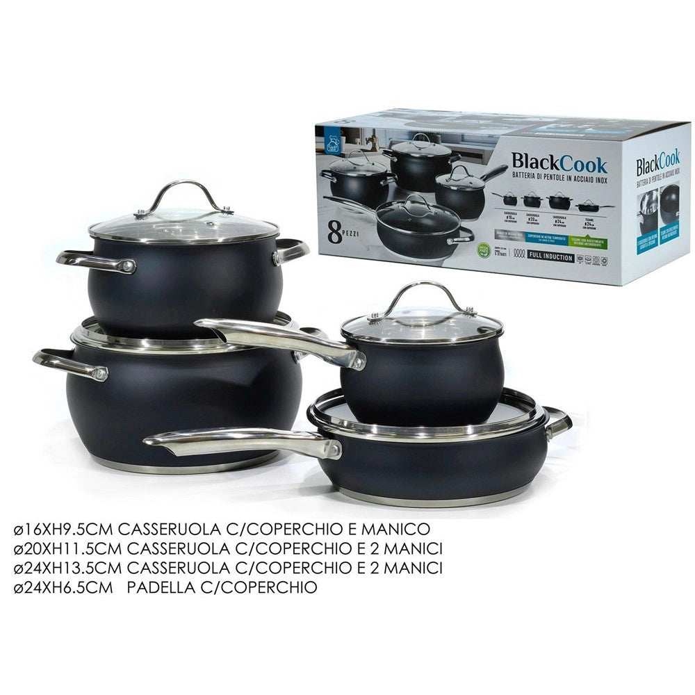 Trade Shop - Set Batteria Di Pentole Con Coperchi 8 Pezzi In Acciaio Inox Linea Blackcook Cucina -