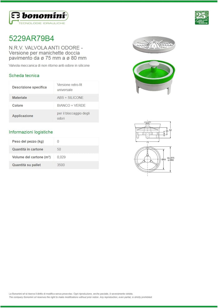 VALVOLA DI NON RITORNO NRV PER PILETTE PIATTO DOCCIA 21/2- Diam. 80- BONOMINI