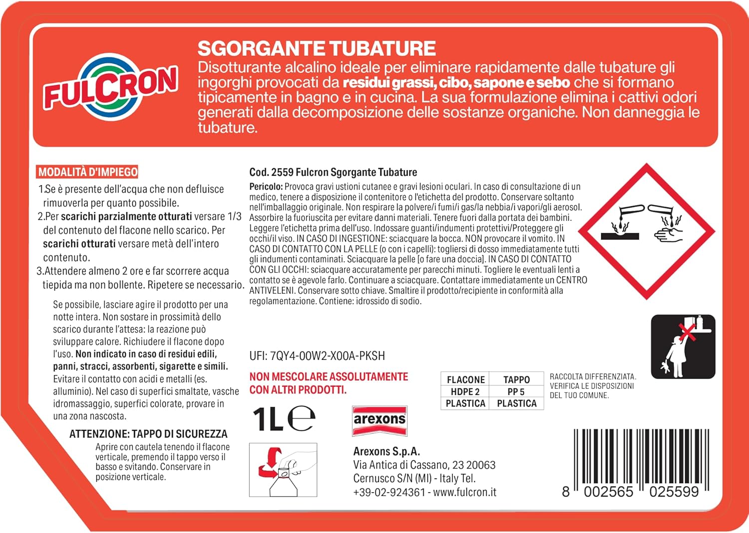 DISGORGANTE LIQUIDO PER TUBATURE 'FULCRON' lt 1- 6 pezzi  - AREXONS