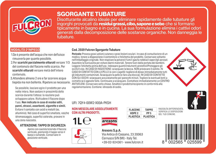 DISGORGANTE LIQUIDO PER TUBATURE 'FULCRON' lt 1- 6 pezzi  - AREXONS