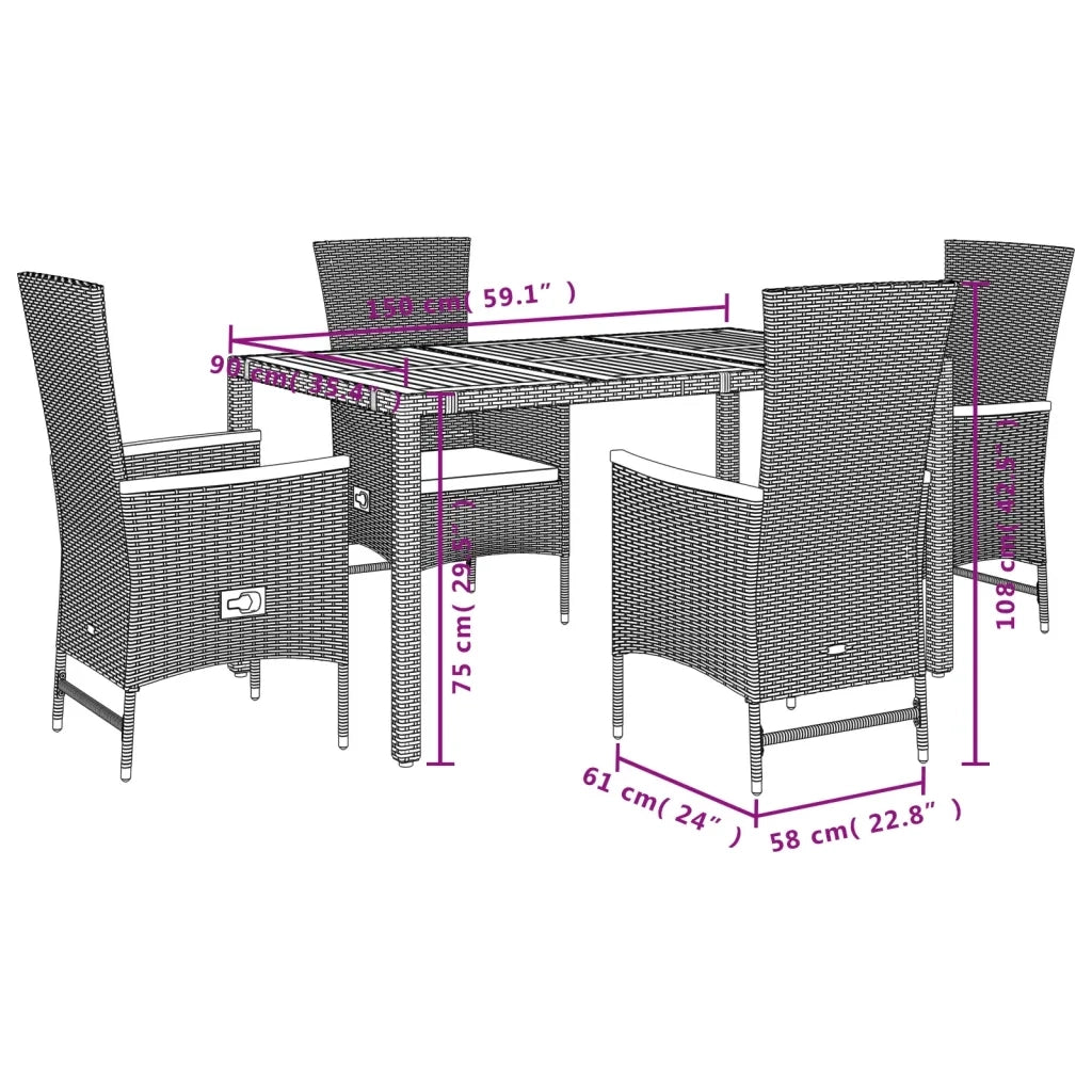 Set da Pranzo da Giardino 5 pz Nero con Cuscini in Polyrattan