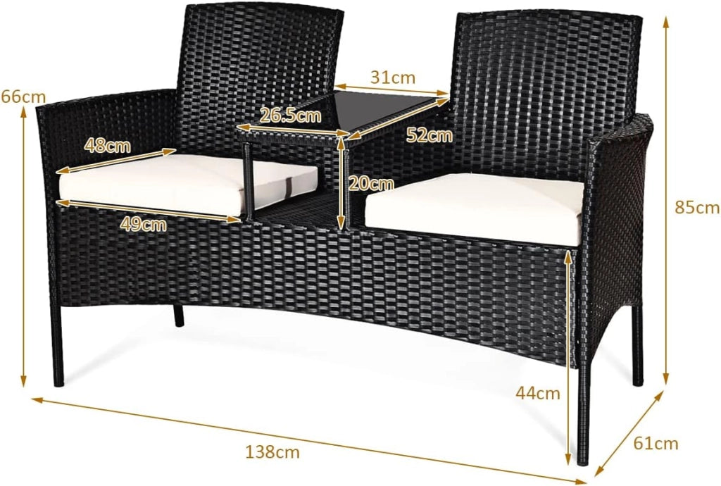 Panchina da Giardino in Polyrattan, 2 Posti, con Tavolo e Cuscino, Set da Giardino in Rattan, per Balcone, Terrazza, 138x62x85cm, 3 Colori (Bianco)
