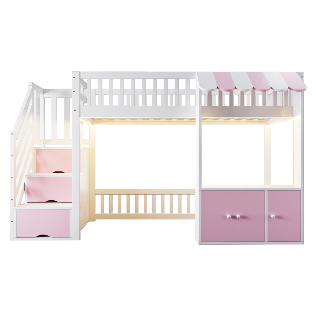 Letto a soppalco in legno con armadio e scala contenitore, 90x200 cm, rosa