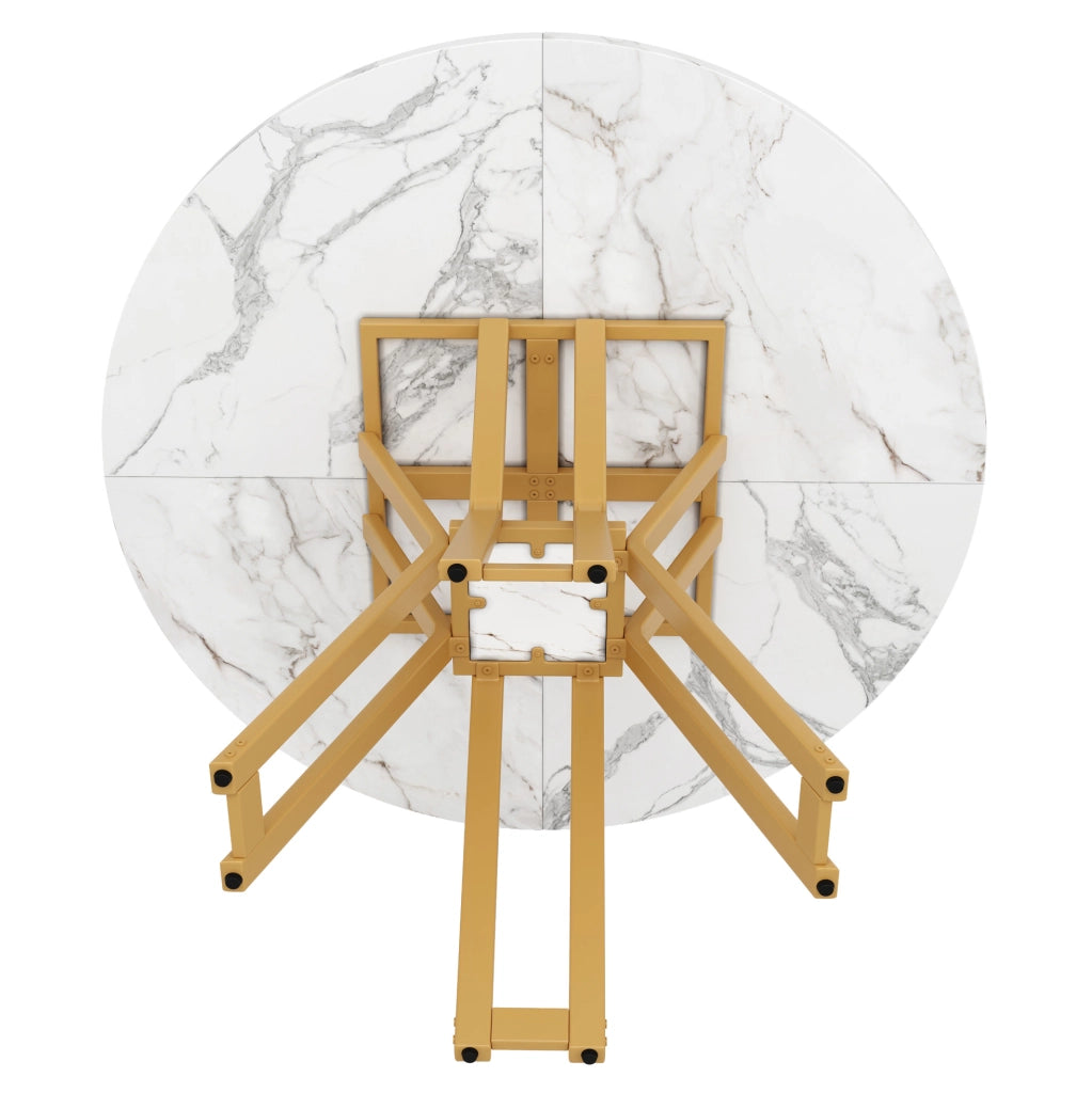 Tavolo da pranzo rotondo 100x100x76 cm in MDF e metallo; bianco e oro