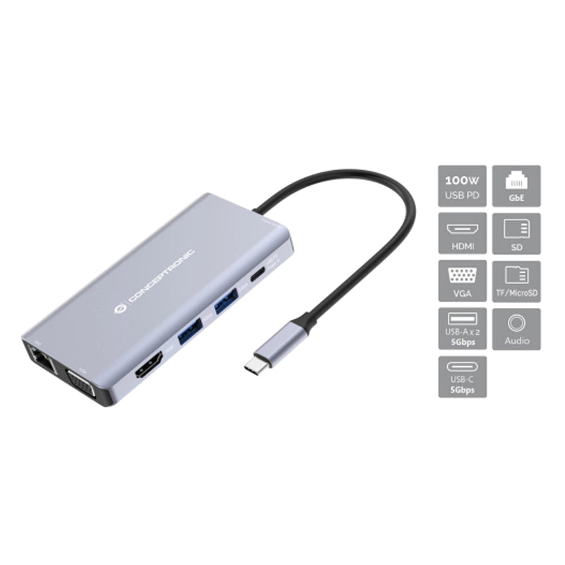 Conceptronic donn20g - docking station 10-in-1 usb-c (m) 3.2 / hdmi, vga, usb-a 5gbps, usb-c 5gbps, sd, tf/microsd, audio, gbe, 100w usb pd - CONDONN20G