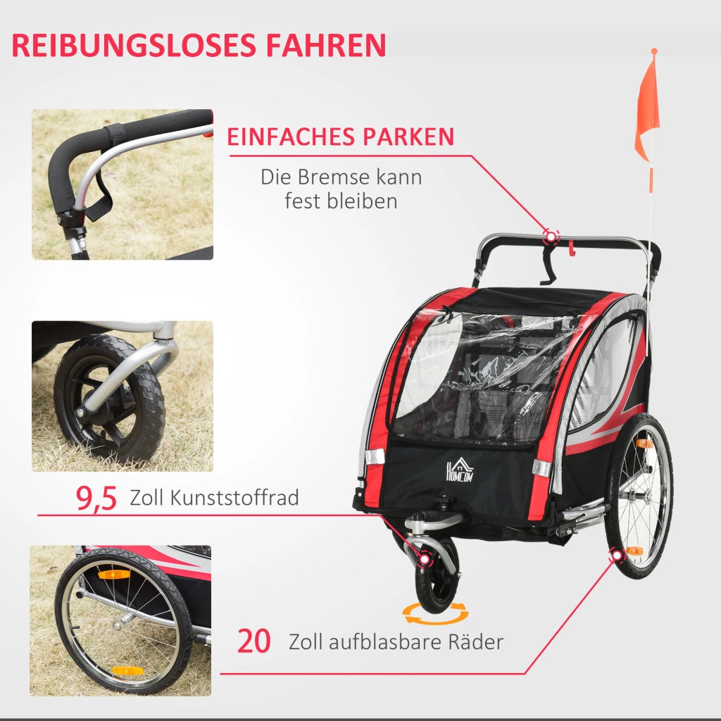 Carrello per Biciclette Bambini 2 in 1 con Funzione Jogger ¨C zephmum ¨C Rosso e Nero 142x75x101 cm