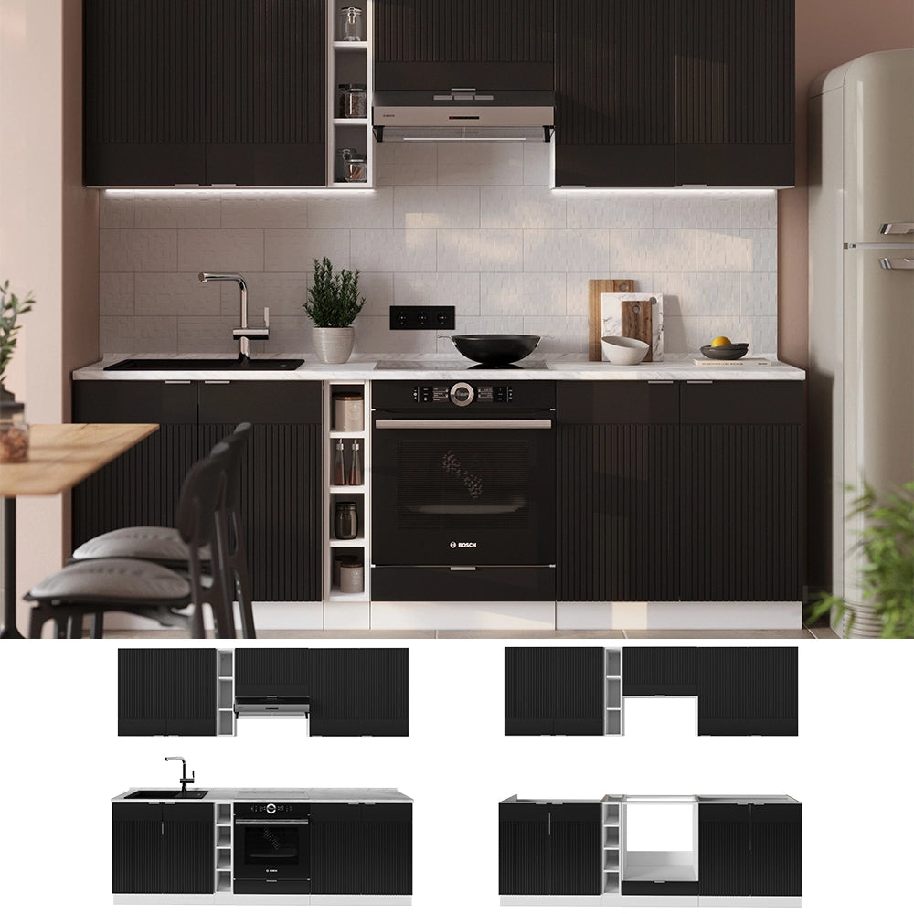 Cucina componibile Fame-Line Nero rigato/Bianco 235 cm, PL Marmo Vicco